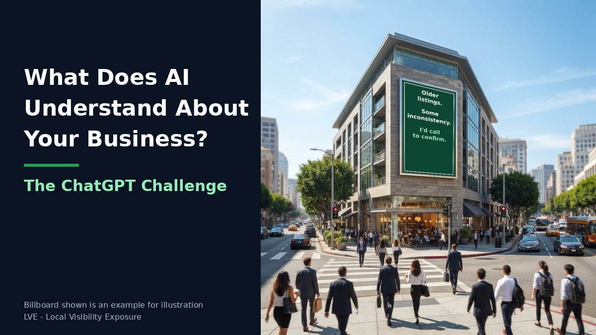 A storefront with a billboard above it showing an AI assistant's answer about the business, reading that older listings show some inconsistency in its hours (example for illustration)